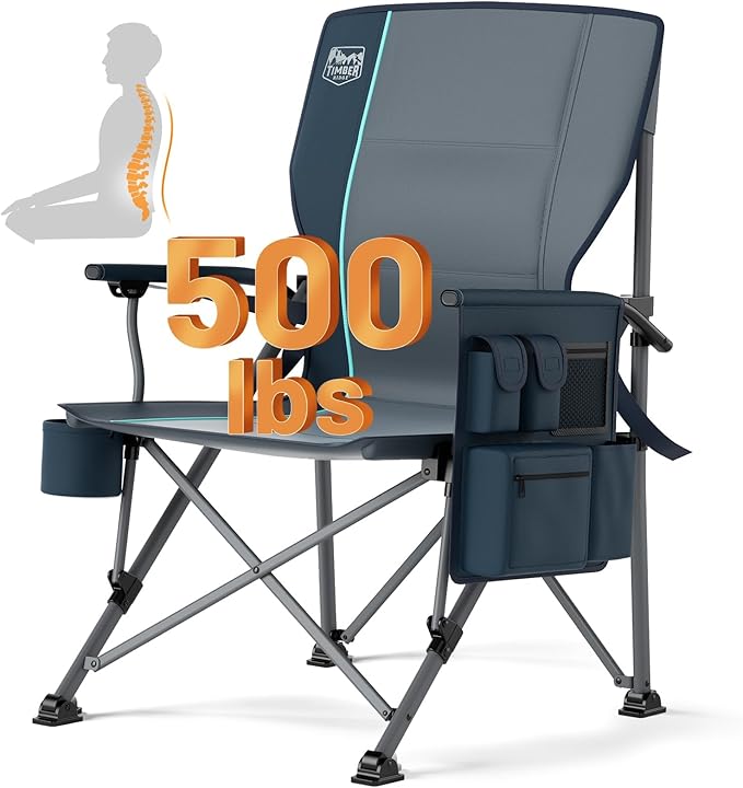 Timber Ridge Oversized Folding Camping Chair with Lumbar Support Adjustable High Back Heavy Duty for Adults Support up to 500lbs with Cup Holder, Cooler Bag, Side Pocket, Blue