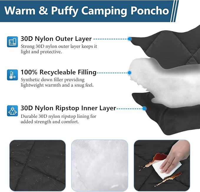 Camping Outdoor Blanket, Ultralight Down Alternative Printed Travel Camp Blankets for Sleeping Packable Waterproof Puffy Quilt for Hammock Picnic Stadium Beach Cold Weather (Black Blanket Poncho)