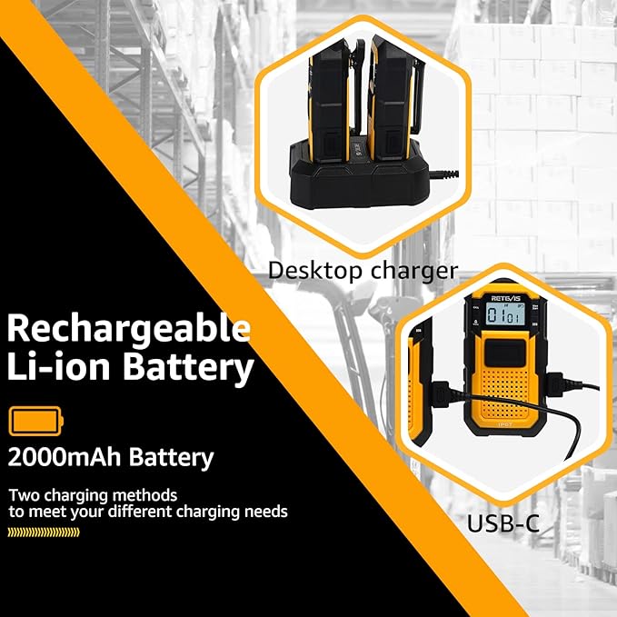 Retevis RB48 Waterproof Walkie Talkies with Earpieces, MIL-STD 810H Two Way Radios, 2-M Fallproof, VOX, 2000 mAh, Dual PTT, Vibration Call, Portable FRS Two-Way Radios Long Range, for Jobsite(4 Pack)