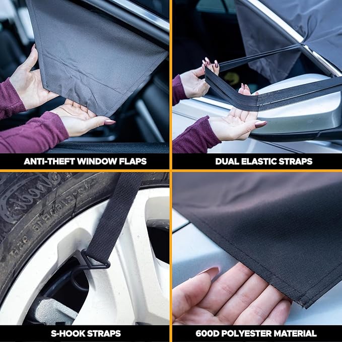 EcoNour Windshield Cover for Ice and Snow | Enhanced 600D Oxford Fabric Windshield Frost Cover for Car | Water, Heat & Sag-Proof, Windproof Double Strap Design for All-Weather Protection 69x42 Inch