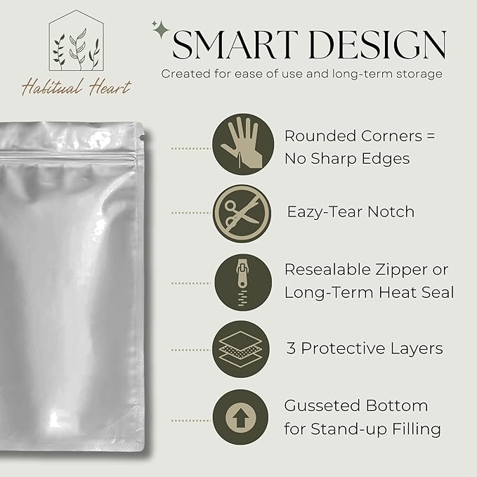 Mylar Bags for Food Storage 100 Stand Up 9.5mil Thick 130 Oxygen Absorbers 300cc Airtight Packaging for Emergency Food Supply Heat Sealable Zipper Resealable 1 Gallon Quart 1/2 Pint