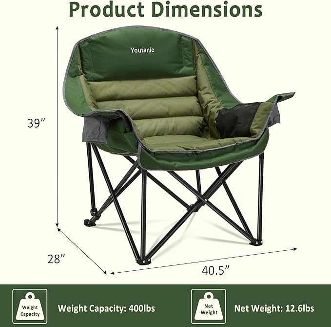Youtanic Oversized Camping Chair, Portable Folding Camping Chairs with Side Pocket, Cup Holder and Carry Bag, Heavy Duty Outdoor Camping Chairs for Adults, Fishing, Sports, Trip, up to 400lbs, Style 2