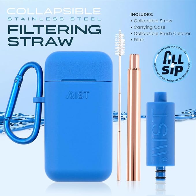 Mist Reusable Straw, Collapsible Reusable Metal Water Filtering Straw Removes Chlorine & Odor, BPA-Free, Portable, Stainless Steel, Filter Straw With Carry Case, Brush, Travel-Friendly, Navy