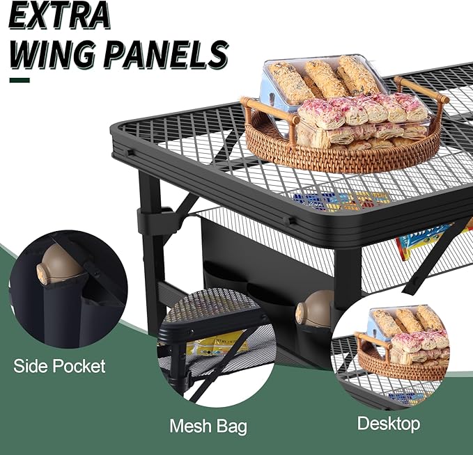WildFinder Folding Table, 2x1.3 FT Camping Table with Mesh Desktop,Folding Grill Table with Mesh Bag,Portable Outdoor for Picnic,Camping,BBQ,Beach(Black)