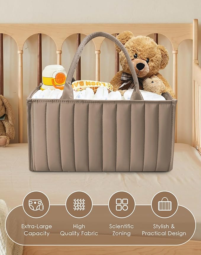 SWEET DOLPHIN 2-Pack Quilted Diaper Caddy Organizer – Premium Puffer Style Nursery Storage Bins – Water-Resistant & Wipeable Changing Table Organizer – Trendy Tote for Home & Car Travel - Mocha Brown