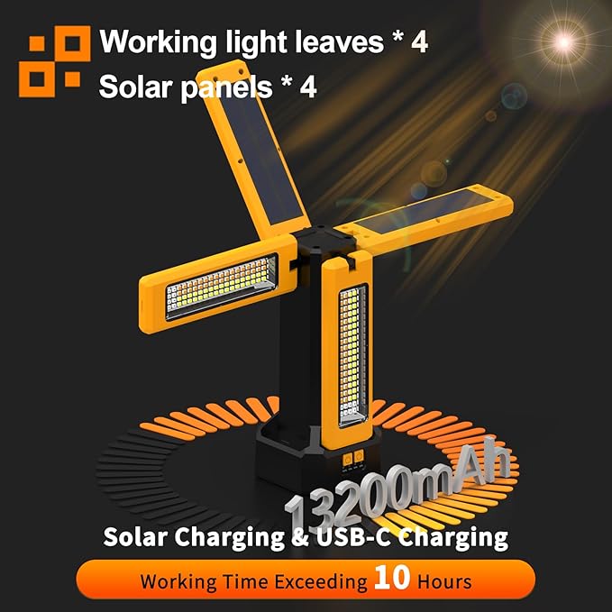 iodoo Voice Control 13200mAh Rechargeable Solar Work Light with Folding Stand Support and Portable Carrying Bag, 8000 Lumen Stepless Dimmable, 4 Lighting Modes, White/Warm/Warm White (Voice Control)
