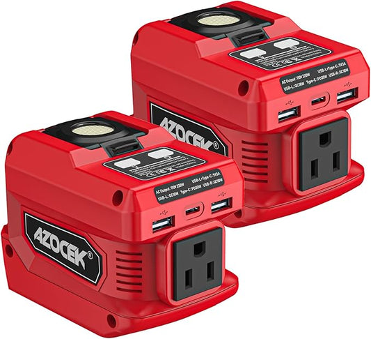 220W Azocek Power Inverter Compatible with Milwau-kee 18V Battery, DC 18V to AC 110V Portable Power Station with 1 AC Outlet, 2 USB Ports & 1 Type-C Fast Charging, 400LM LED Work Light (2-Pack)