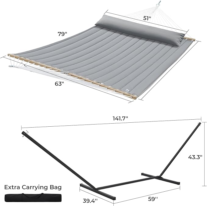 SUPERJARE Hammock with Stand, 2 Person Quilted Outdoor Hammock, Detachable Pillow & Bamboo Spreaders, Portable Hammock with Carrying Bag, Heavy Duty Stand, Perfect for Outside, Patio, Gray