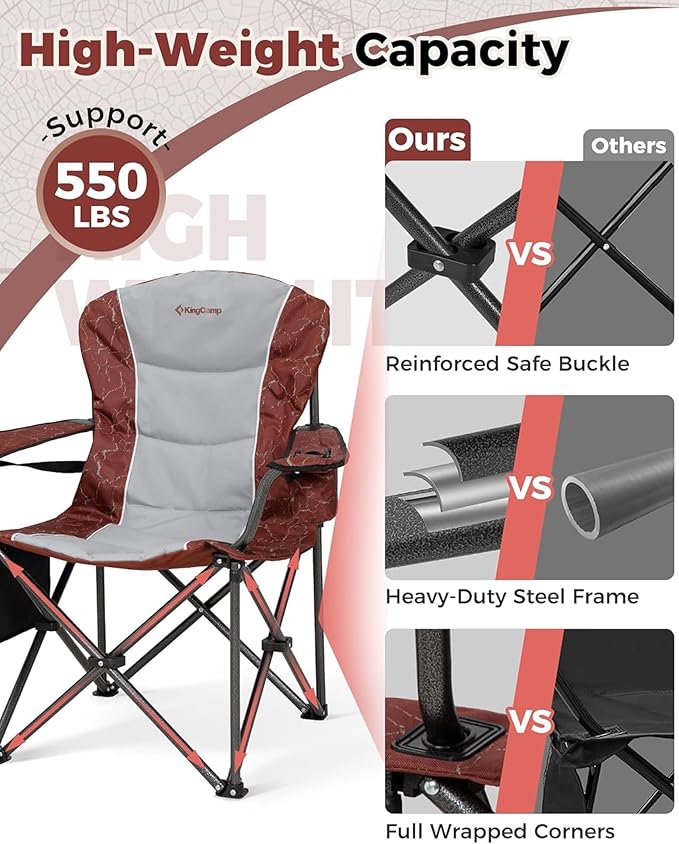 KingCamp Oversized Camping Folding Chair, Heavy Duty 550 LBS with Lumbar Support, Padded seat with Cup Holder&Cooler Bag, Ideal for Camp, Fishing, Sports Event, Backyard, Patio, Lawn(Lava Red)