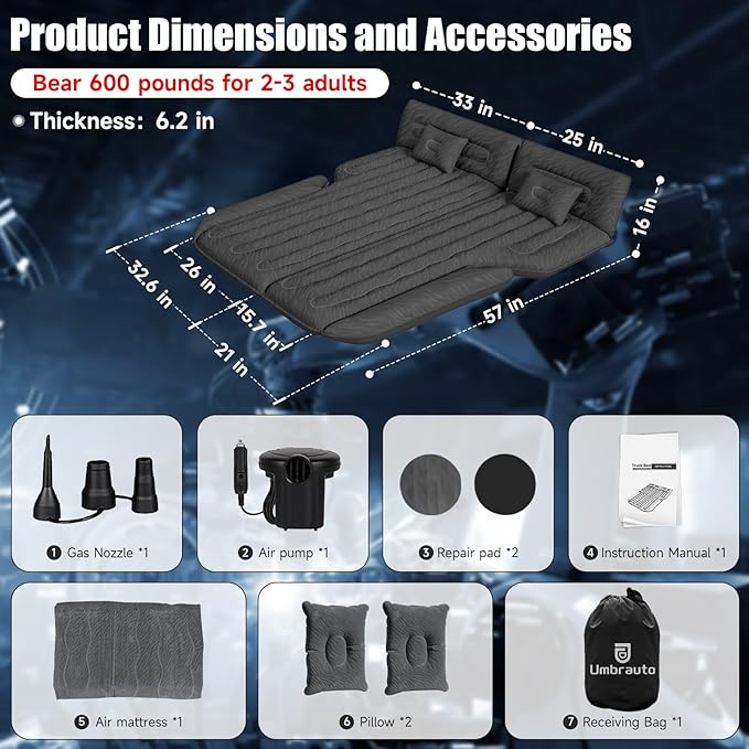 Inflatable SUV Air Mattress Bed Car Mattress, Double-Sided Flocking Travel Camping Bed, Car Sleeping Mattress for Universal SUV with Air Pump 2 Pillows