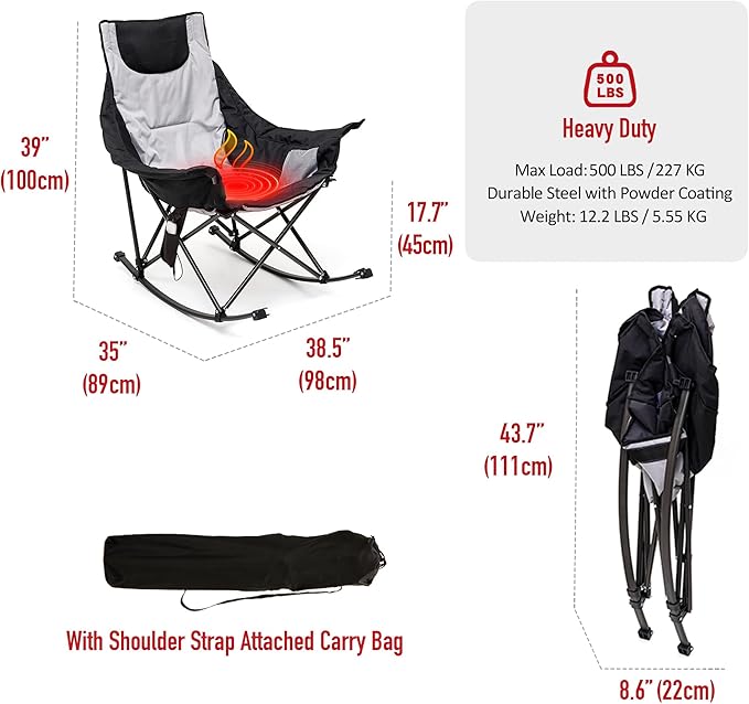 SUNNYFEEL Oversized Heated Rocking Camping Chair, Fully Padded Patio Chair with Side Pocket, High Back Portable Lawn Recliner with Carry Bag, Outdoor Rocker Camp Chair for Adults Heavy Duty 500 LBS