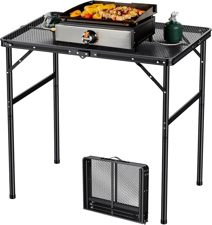 FUNYKICH Wider and Taller Grill Table 31.5''x21.6'', Max Height 29.4'' Portable Camping Tables, 2 Height Adjustable Lightweight Metal BBQ Table with Carry Handle for Camping, Picnic, BBQ, Black