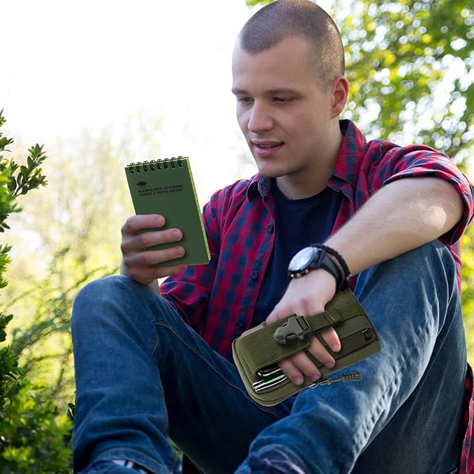 Eaasty Waterproof Notebook and Pen Set 3 x 5 Inch Pocket Tactical Notebook with 1 Metal Weatherproof Pen and 1 Fabric Cover for Outdoor Activities Recording(Army Green,5 Pcs)