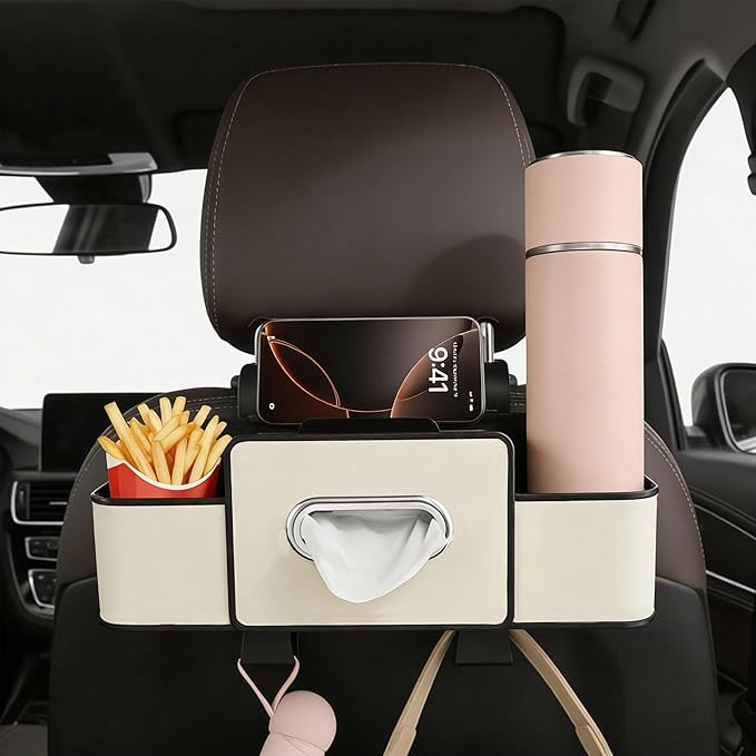 Amooca Back Seat Car Organizer, 4+2 in 1 Multifunctional Car Backseat Storage Box with 4 Cup Holders Tissue Box Hook, Car Interior Storage for Travel Phones Snacks Drinks(Beige)