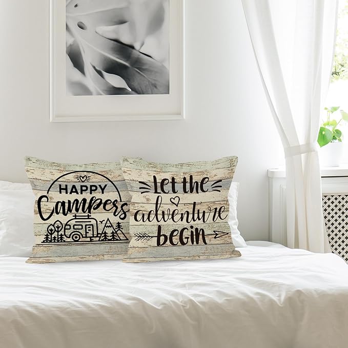 Camping-Themed Decorative Throw Pillow Covers, 2 x 18" x 18" Beige Cotton Linen Blend, Rustic Letter Print, Perfect for Home Decor, Camping, Camper Gifts