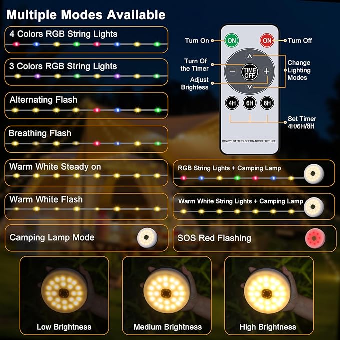 Solar Camping String Lights with 100 LEDs, 33 FT Outdoor Fairy String Lights with 13 Lighting Modes & Timer, Waterproof & Rechargeable, Camping Gear for Tent, Yard, Garden, Hiking, Travel Decor