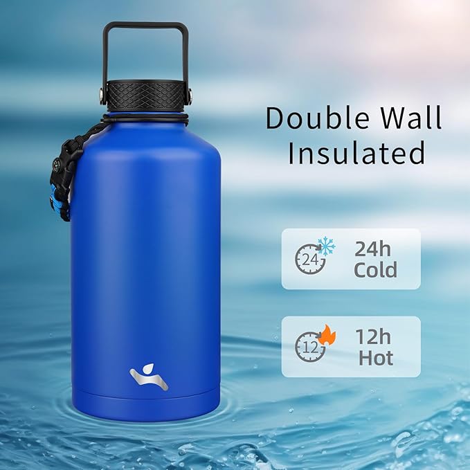 Konokyo Insulated Water Bottle with Straw,87 oz 3 Lids Water Jug with Carrying Bag,Paracord Handle,Double Wall Vacuum Stainless Steel Metal Flask,Blue