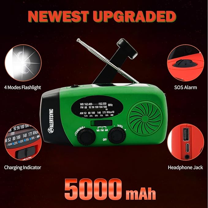 iRonsnow Solar Emergency Hand Crank Weather Radio, Portable Self Powered NOAA AM/FM Radios with SOS Alarm LED Flashlight 5000mAh Smart Phone USB Charger for Camping (Green)