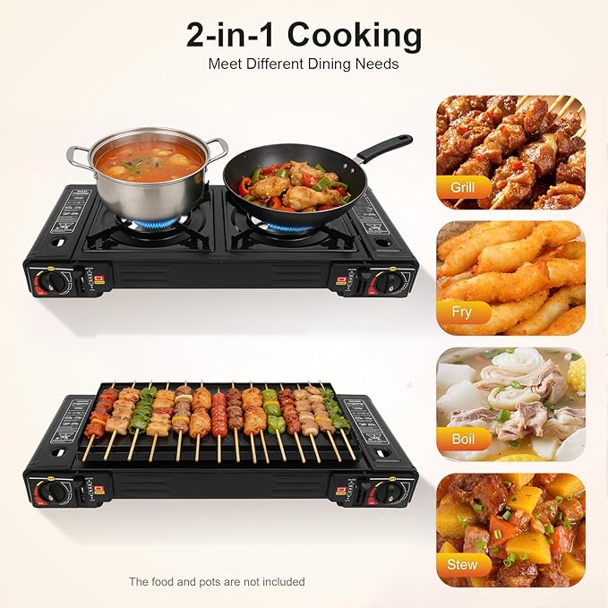 Portable Camping Stove｜24,000 BTU Dual Burner Gas Grill w/Removable Case｜Compact 24.8" Outdoor Cooker for RV Tailgating｜Stainless Steel 2-Burner Butane & LPG Stove (w/Grill Tray)