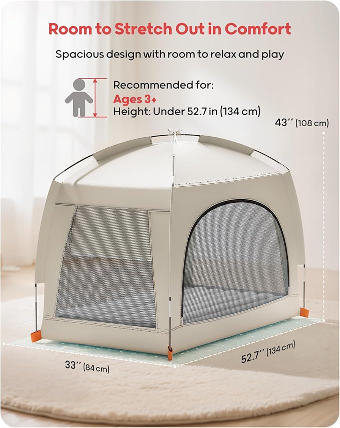 QPAU Inflatable Toddler Travel Bed with Tent – Lightweight Blow Up Kids Air Mattress with Hand Pump – Indoor & Outdoor Portable Sleeping Solution for Camping, Travel, Home, Grandma’s – Ages 3+