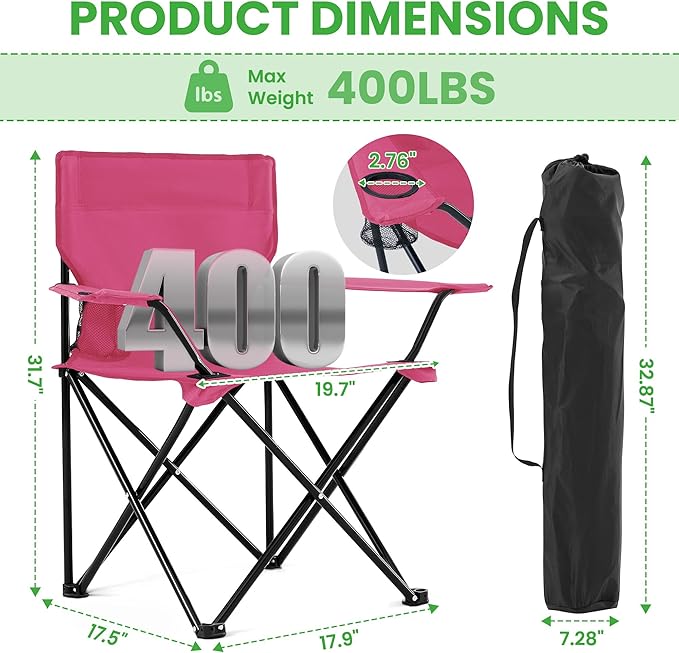 2 Pack Portable Camping Chairs Folding Lawn Chair Outdoor Lightweight Beach Chair with Cup Holder & Carry Bag for Outside Sports, Fishing, Hiking, Travel, Picnic, Backyard (Pink, Medium)