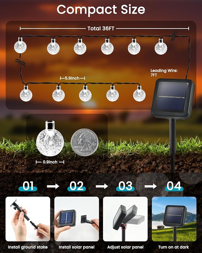 2-Pack 72FT 120 LED White Crystal Globe Solar String Lights Outdoor, Waterproof Solar Powered Fairy Lights for Outside, 8 Lighting Modes Patio Decorations for Garden Yard Porch Wedding Party Tree