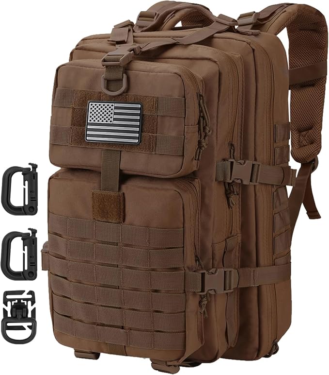 Hannibal Tactical MOLLE Assault Backpack, Tactical Backpack Military Army Camping Rucksack, 3-Day Pack Trip w/USA Flag Patch, D-Rings, Dark Brown