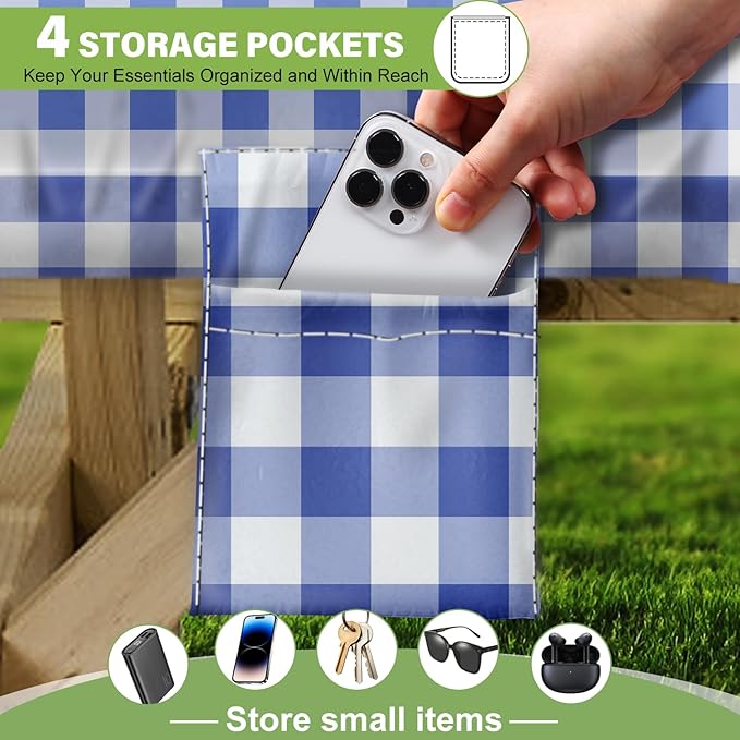 Picnic Table Cover with Bench Covers Vinyl Elastic Edges Fitted Rectangle Seat Tables Waterproof 3-Piece96X30in Set Outdoor Rectangular Folding Backing Tablecloth for Camping Over Size