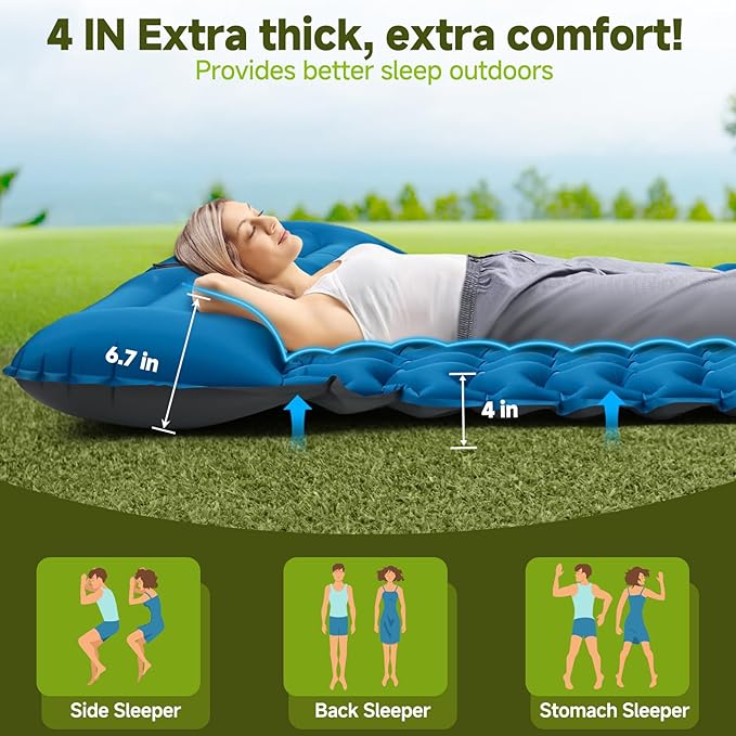 Double Camping Sleeping Pad, 4" Extra Thick 2 Person Inflatable Sleeping Pad with Built-in Foot Pump & Pillow, Ultralight Self Inflating Camping Mattress for Tent, Backpacking, Hiking, Travel, RV