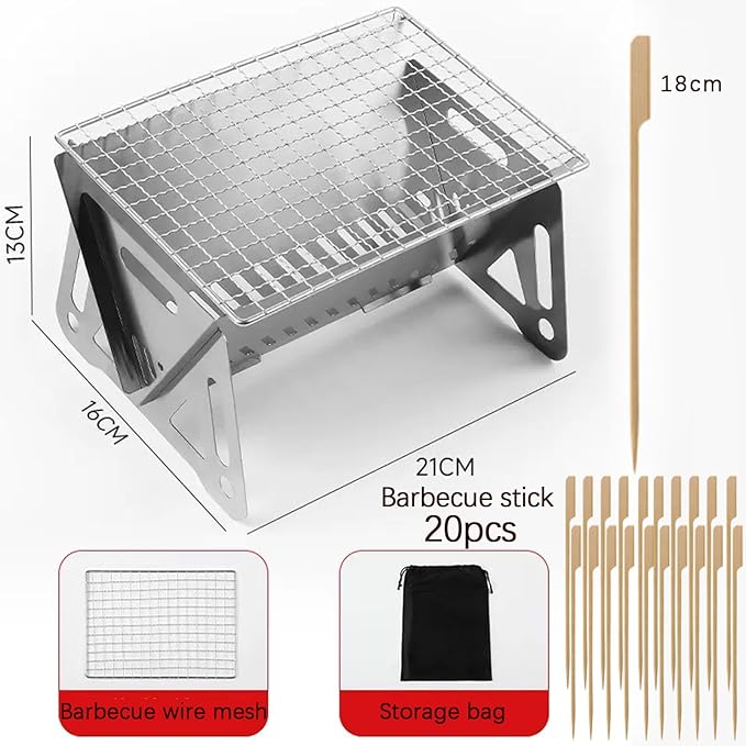 Outdoor Stainless Steel Camping Grill Folding Barbecue Grills Mini Portable Camping Grill with Bamboo chopsticks/Storage bag, Small Assemblable Removable BBQ Grill Tabletop Fire Pit for Camping Patio