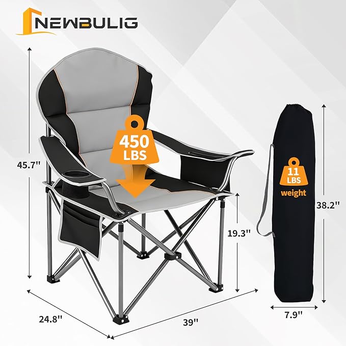NEWBULIG Oversized Folding Camping Chairs for Adults, Heavy Duty Support 500 LBS, Portable Outdoor Collapsible Chair with Cup Holders, Side Cooler & Pockets for Lawn, Beach, Fishing, Hiking