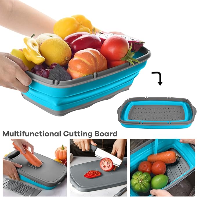 Camping Cutting Board, HI NINGER Collapsible Chopping Board with Colander, 9-In-1 Multi Chopping Board Kitchen Vegetable Washing Basket for Camper,Camping Gifts Camping Accessories for RV Campers