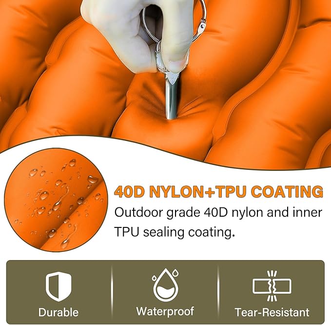 FUN PAC Camping Sleeping Pad, Ultralight Camping Pad with Pillow Built-in Foot Pump Inflatable Sleeping Pads Compact for Camping Backpacking Hiking Traveling - Orange