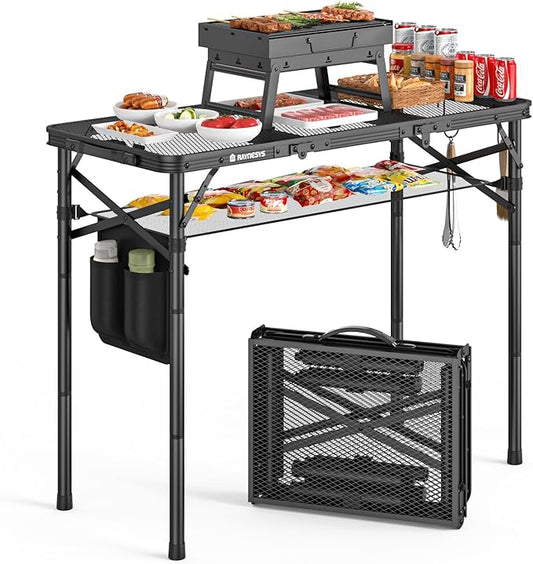 Raynesys Tri-fold Camping Table, 3 Heights Adjustable Grill Table with Storage Bag, Aluminum Frame Folding Tables, Portable Handle for Outdoor Camping Picnic Cooking BBQ, 35.43"x15.75", Black