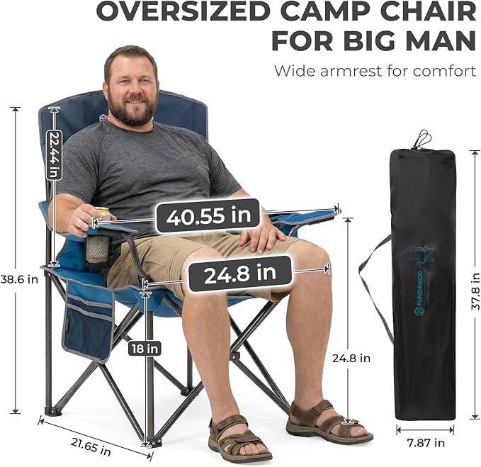FUNDANGO Oversized Camping Chairs for Adults, Heavy Duty Fold Up Sports Games Lawn Chairs, Extra Wide Big Man Outdoor Chairs with Padded Lumbar Support Backrest, Bag Included for Camp, Outside, Beach