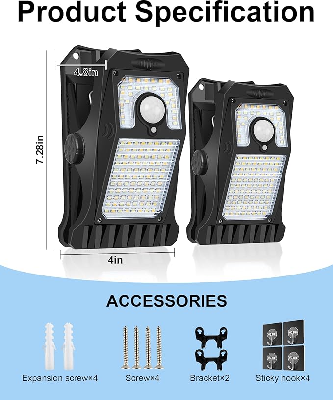 Solar Motion Sensor Lights Outdoor, Clip on Solar Lights Outdoor Waterproof, High Bright Solar Powered Security Lights for Outside Fence Chain Link Camping (1, 118 LED)