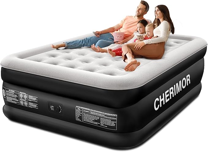 CHERIMOR Queen Air Mattress with Built-in Pump, 18" Raised Comfort, 48Hr Leak-Proof Test, Upgraded Honeycomb Pillar Design, Supports 800 lbs, 3-Min Inflation-Inflatable Bed for Home Guests & Camping