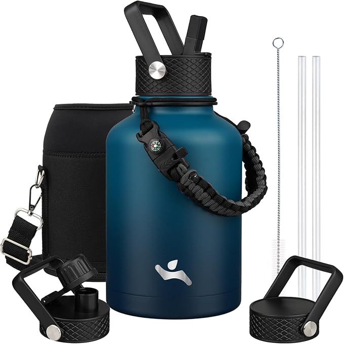 Konokyo Insulated Water Bottle with Straw,50 oz 3 Lids Water Jug with Carrying Bag,Paracord Handle,Double Wall Vacuum Stainless Steel Metal Flask,Indigo Black