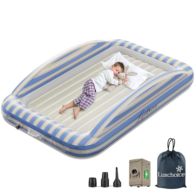 Luxchoice Inflatable Toddler Travel Bed with Cordless Rechargeable Pump, Comfy Removable Flocked Kids Air Mattress & Safety Rails, 63'' Portable Blow up Bed for Outdoors Camping Sleepover Travel Home