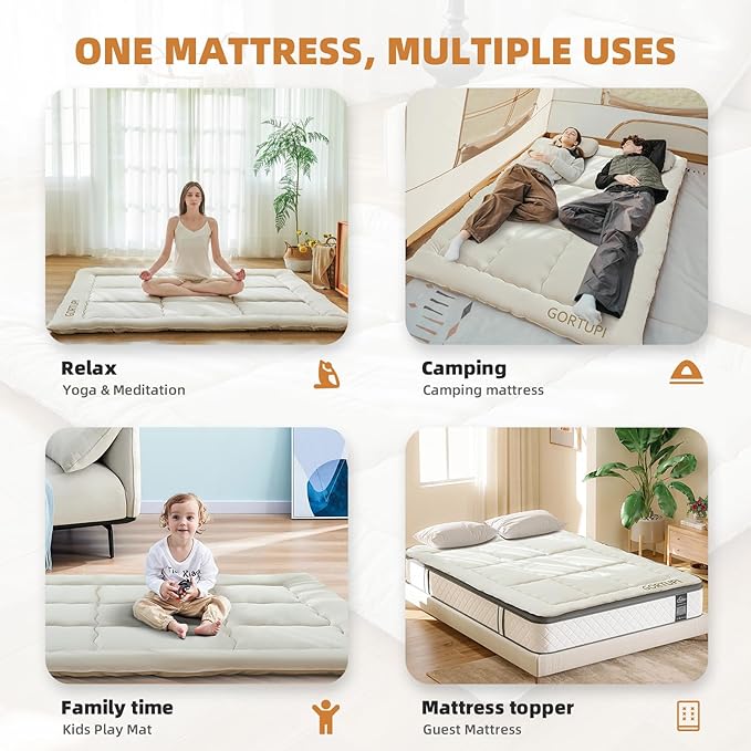 Japanese Floor Futon Queen Foldable Futon Mattress for Floor Tatami Mattress Portable Rollaway Bed for Guest Playmat for Kids Tatami Sleeping Pad Japanese Mattress for Adults Beige A