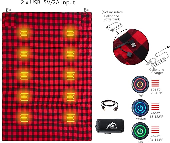 Heated Sleeping Bag pad, Operated by 5V/2A USB Power Supply (Battery NOT Included). Black & Red Flannel.