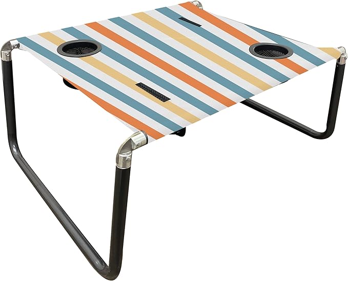 Neso Beach Table - Lightweight, Portable and Foldable Table for Beach, Camping and Outdoor Adventures - Stable Surface - with Cup Holder for Drinks and Phone Pockets - Vintage Stripes