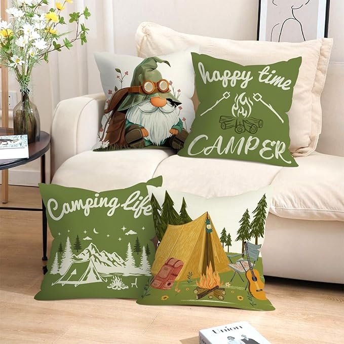 Gnome Happy Camper Camping Life Throw Pillow Covers 18x18 Inch Set of 4 Mountain Tent Campfire Cushion Covers Outdoor Decor for Couch Cushion Cases