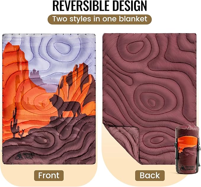 ONETIGRIS Ultralight Camping Blanket, Packable Puffy Quilt Puffy Printed Camping Blanket with Snap Buttons & Corner Loops for Backpacking, Hiking & Travel