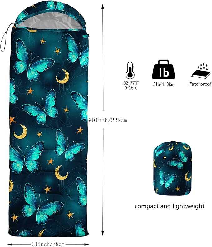 QOOMO Axolotl Cute Camping Sleeping Bags,3 Season Warm & Cool Weather,Lightweight,Waterproof Sleeping Bags for Adults & Kids,Traveling,and Outdoors