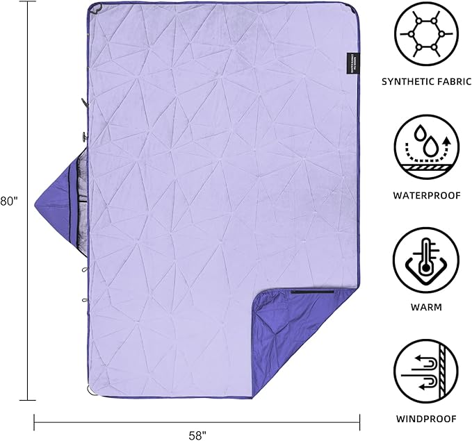 Large Outdoor Waterproof Blanket Extra Thick Fleece Stadium Blanket for Camping, Car, Pet, Picnics - Windproof, Wearable, Machine Washable 80" x 58" (Purple,Hooded)