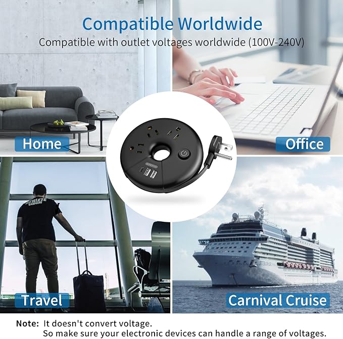Travel Power Strip, NTONPOWER Portable Charging Station 3 USB Without Surge Protector Short Extension Cord 15 inches Compact for Home, Office, Cruise Ships, Business Trip, Hotels, Black