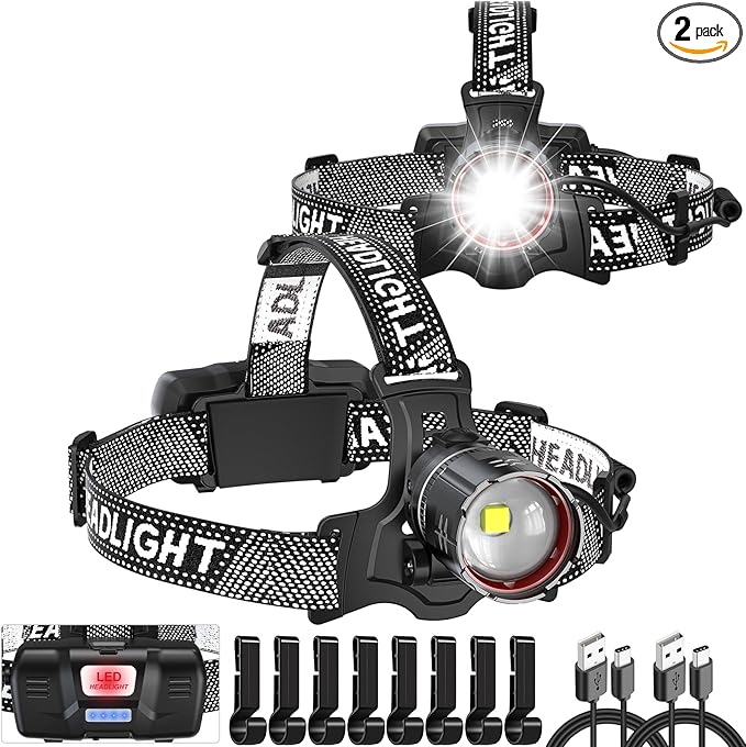 Headlamp Rechargeable Super Bright, 2 Pack High Lumen LED Head Lamp with Motion Sensor, 5 Modes Zoomable Head Light for Forehead, 90° Adjustable, Waterproof Headlamps for Adults Hard Hat Light Camping