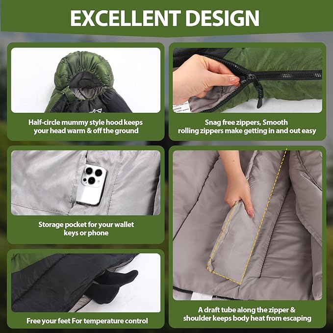Lightweight 3-Season Sleeping Bag for Adults/Kids Camping, Compact w/Compression Sack, Waterproof Ripstop, Portable for Backpacking Hiking Travel
