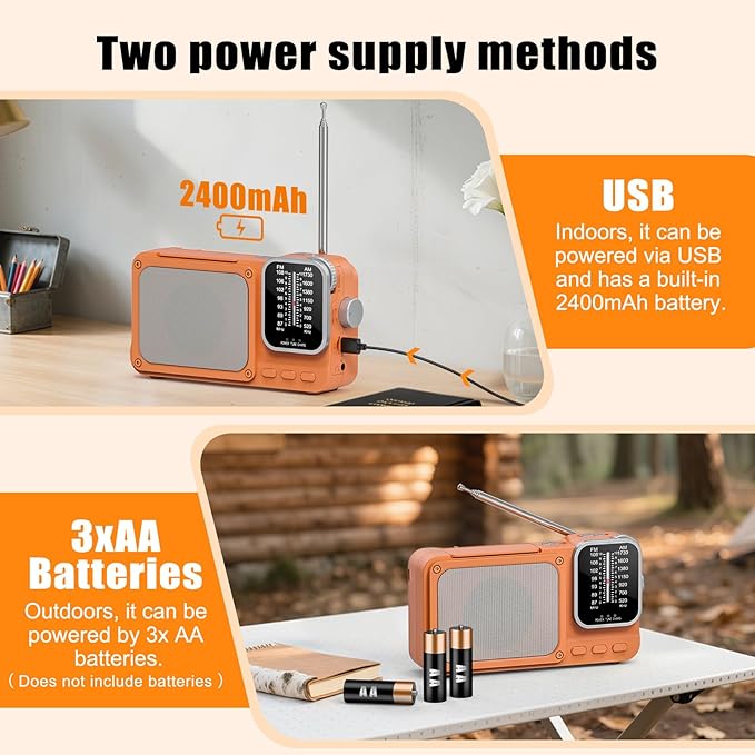 Goodes Portable Radio AM FM with Best Reception, Bluetooth Transistor Radios with TF Card Slot, LED Light and Headphone Jack, AC Power or Battery Operated, Emergency Radio for Home Kitchen Outdoor